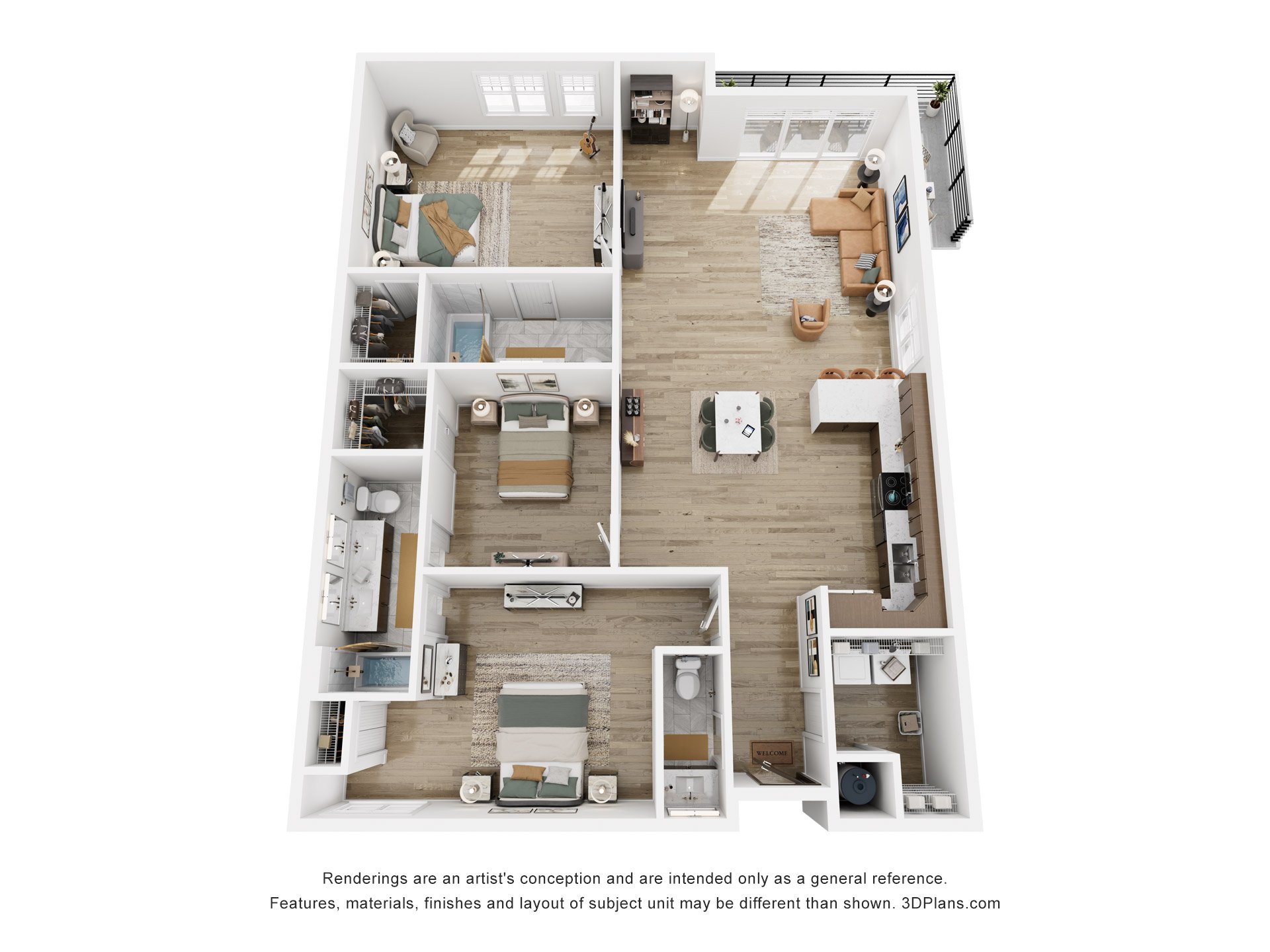 Floor plan for 3 beds, 2.5 baths, 1714 sqft